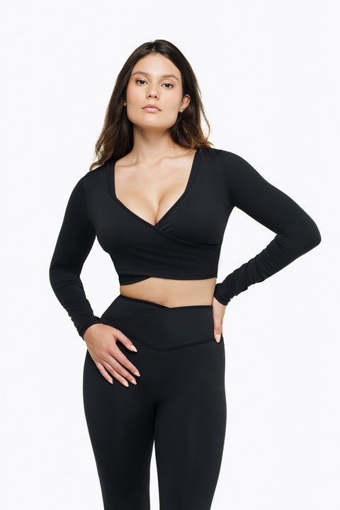 Long Sleeve Cross-Over Top - Black