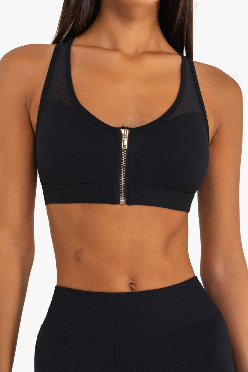 Tech Mesh Zip Sports Bra - Black